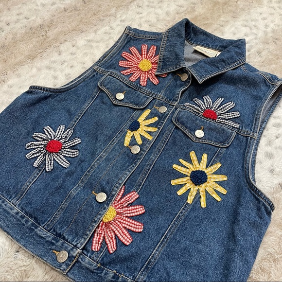 Susan Bristol Jackets & Blazers - [M]🌼Vintage Denim Vest Red & Yellow Picnic Checker Flowers Denim Susan Bristol